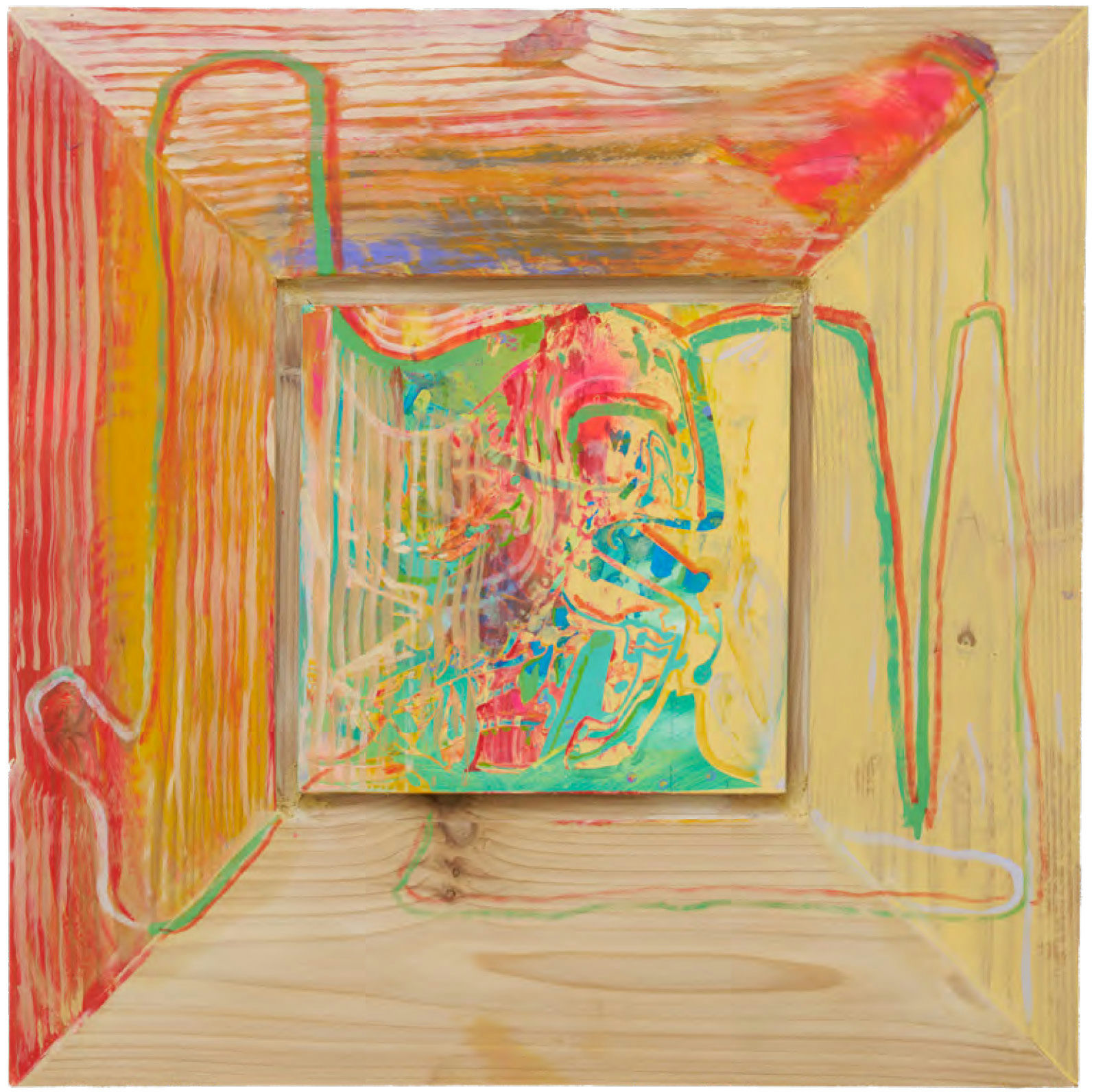 GREEN PCB RED CEDAR — Oil paint, colored pencil, gesso, acrylic on British red cedar, 45 × 45cm, 2025
Photo: Peter Otto